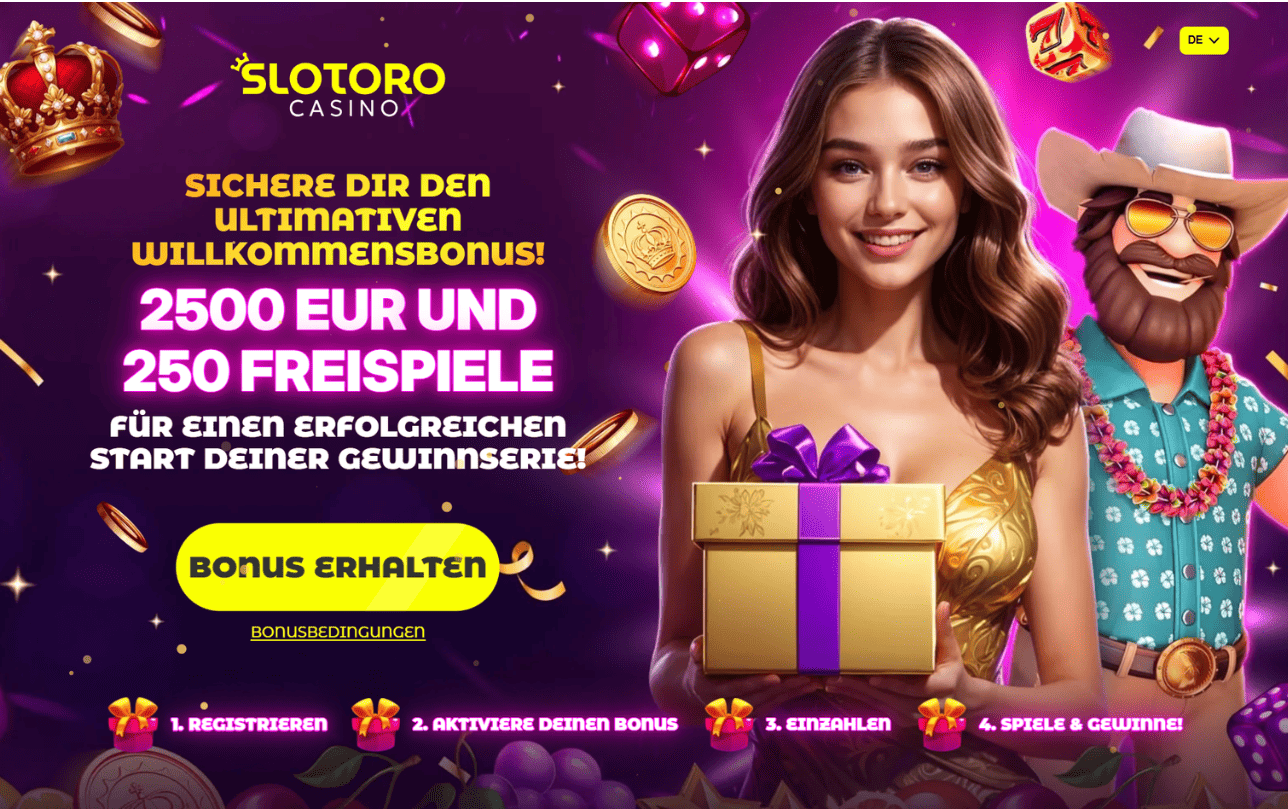 Slotoro Casino Willkommensbonus – bis zu 2.500 € + 250 Freispiele